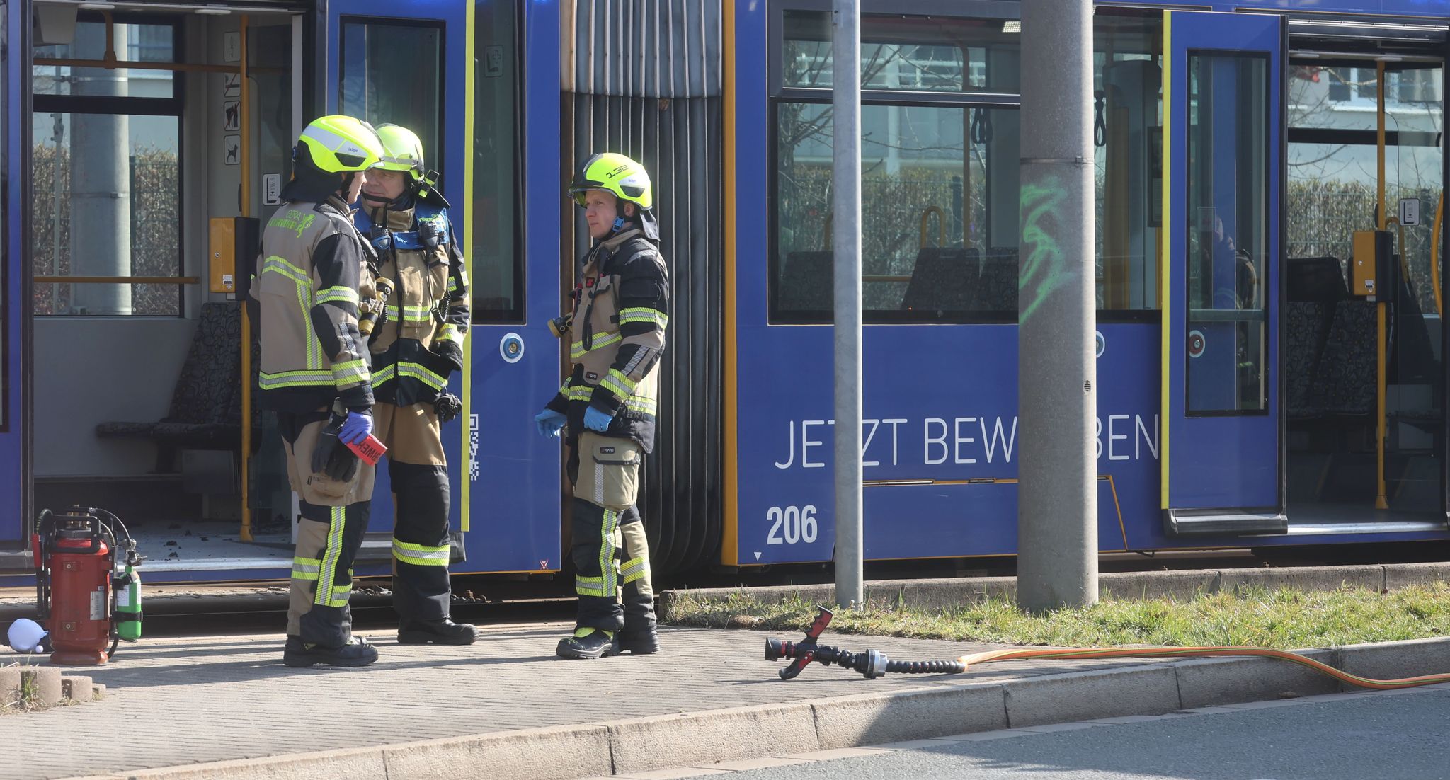 Officials deployed to Tram Station at Gera, Germany, where man sets his wife ablaze with flammable liquid