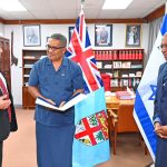 Ambassador Rokoseru Nabalarua flanked by other officials.
