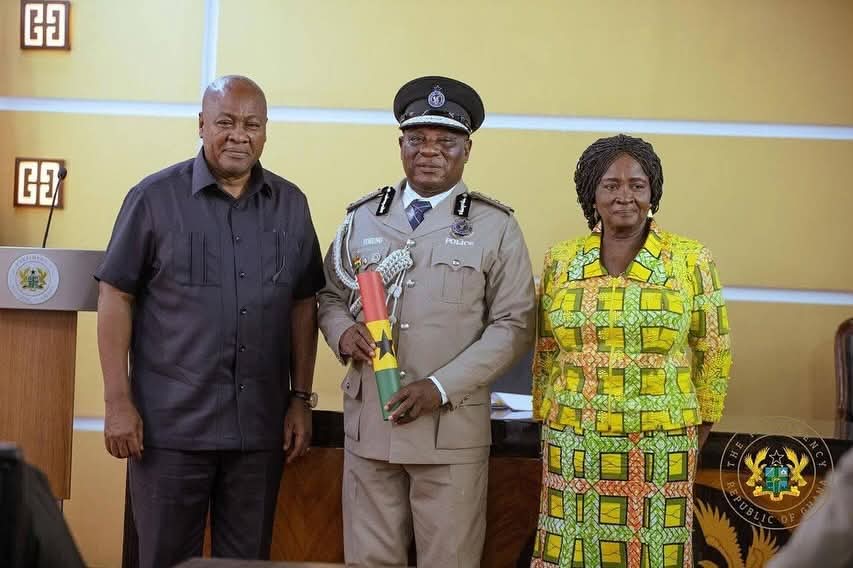 President Mahama, Vice President Naana Jane Opoku Agyemang with new IGP, COP Christian Tetteh Yohuno at Presidency.