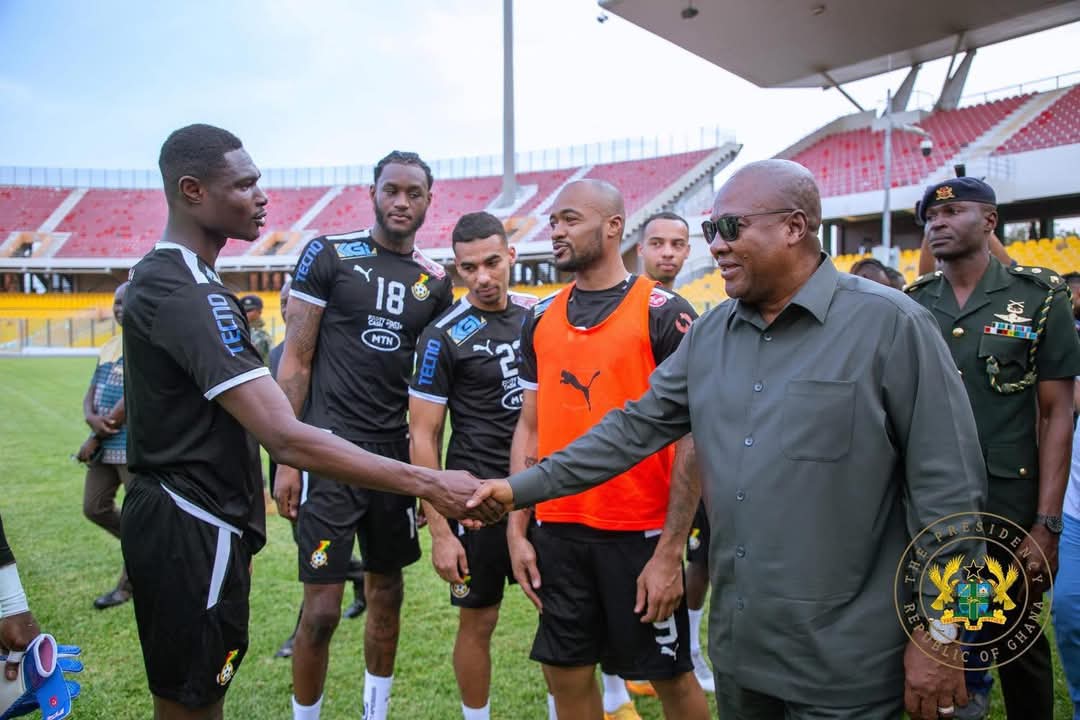 President Mahama visits Blacks Stars at training session ahead of match with Chad in World Cup 2026 Qualifiers.