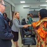 A high-level delegation from World Bank, led by Madam Cornelia M. Tesliuc, Lead Economist on Social Protection and Labour (in Black skirt) and Dr. Patrick M.D. Mullen, Program Leader and Lead Specialist for Ghana, Liberia, and Sierra Leone, paid courtesy call on Minister for Gender, Children, and Social Protection, Dr. Agnes Naa Momo Lartey (in print).