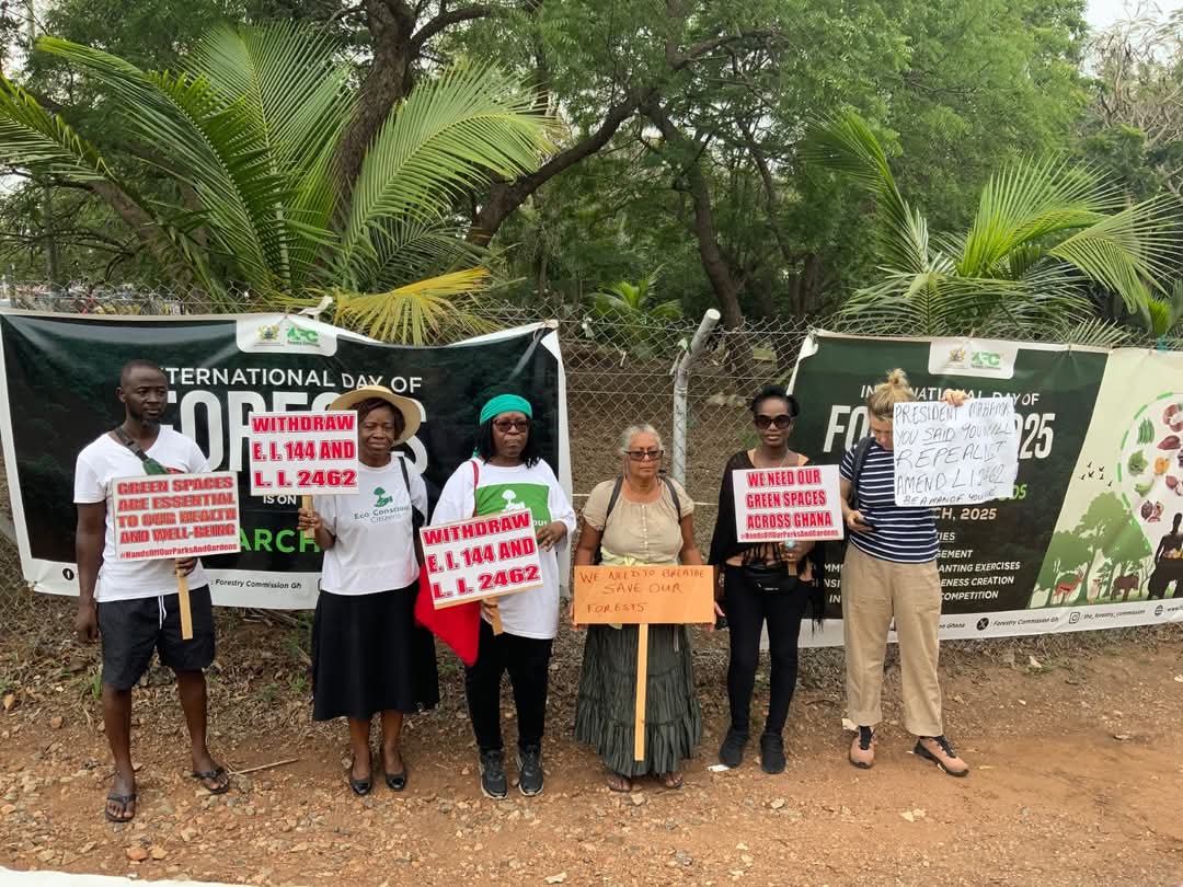 Eco-Conscious Citizens Founder and Director Awula Serwah (2nd from L) with Eco-Conscious members marking World Forests Day