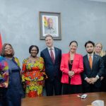 Vice President, Naana Jane Opoku Agyeman (3rd L) with H.E. Ingrid Mollestad, Ambassador of the Royal Norwegian Embassy in Ghana, (in pink) Åsmund Grøver Aukrust, Norway’s Minister of International Development, (4th L) after talks at Vice President's Office.