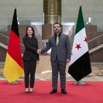 Annalena Baerbock German Federal Foreign Minister welcomed by the Syrian Foreign Minister, Assad al-Shaibani (R), at the presidential palace.