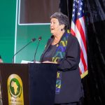 US Ambassador to Ghana, Virginia Palmer speaking at 2025 African Land Forces Summit in Accra.