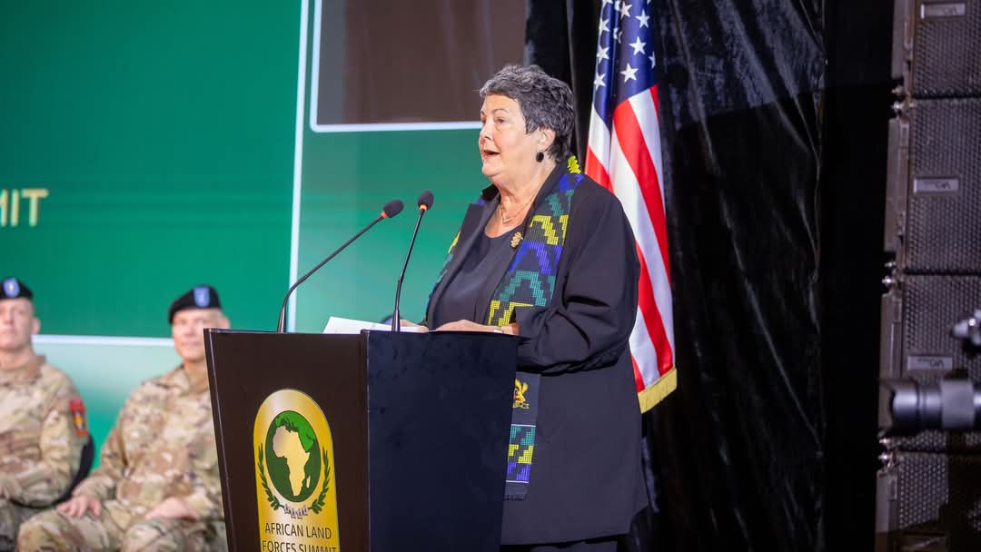 US Ambassador to Ghana, Virginia Palmer speaking at 2025 African Land Forces Summit in Accra.