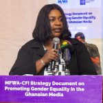 Rebecca Ekpe speaks at launch of MFWA-CFI Strategic Document on Advancing Gender Equality in the Ghanaian Media.