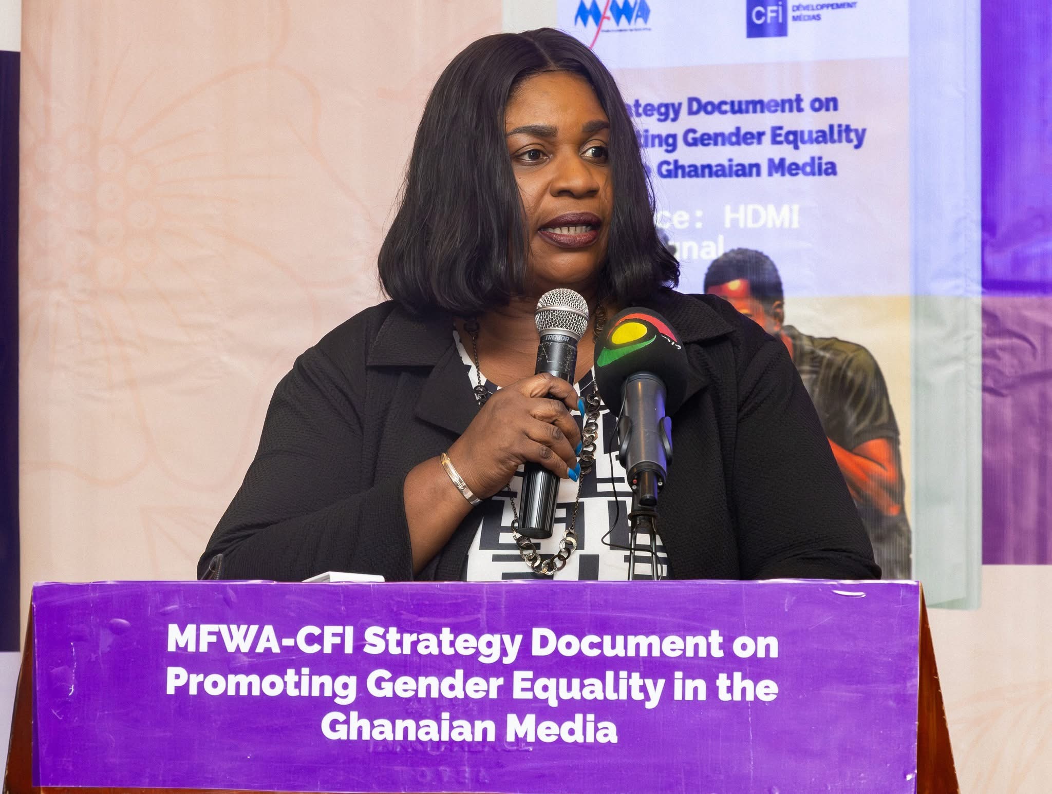 Rebecca Ekpe speaks at launch of MFWA-CFI Strategic Document on Advancing Gender Equality in the Ghanaian Media.