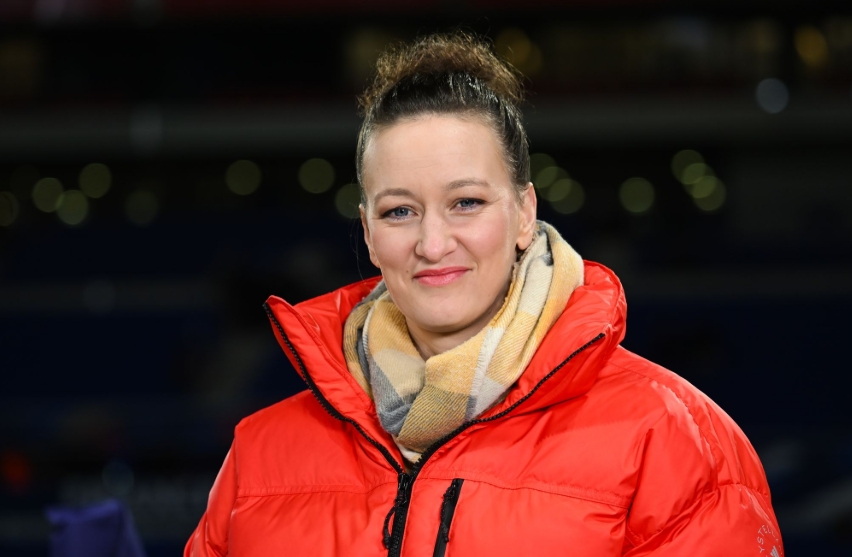Former Germany goalkeeper Almuth Schult poses for a photo ahead of the UEFA Women's Nations League soccer match between France and Germany at Groupama Stadium.