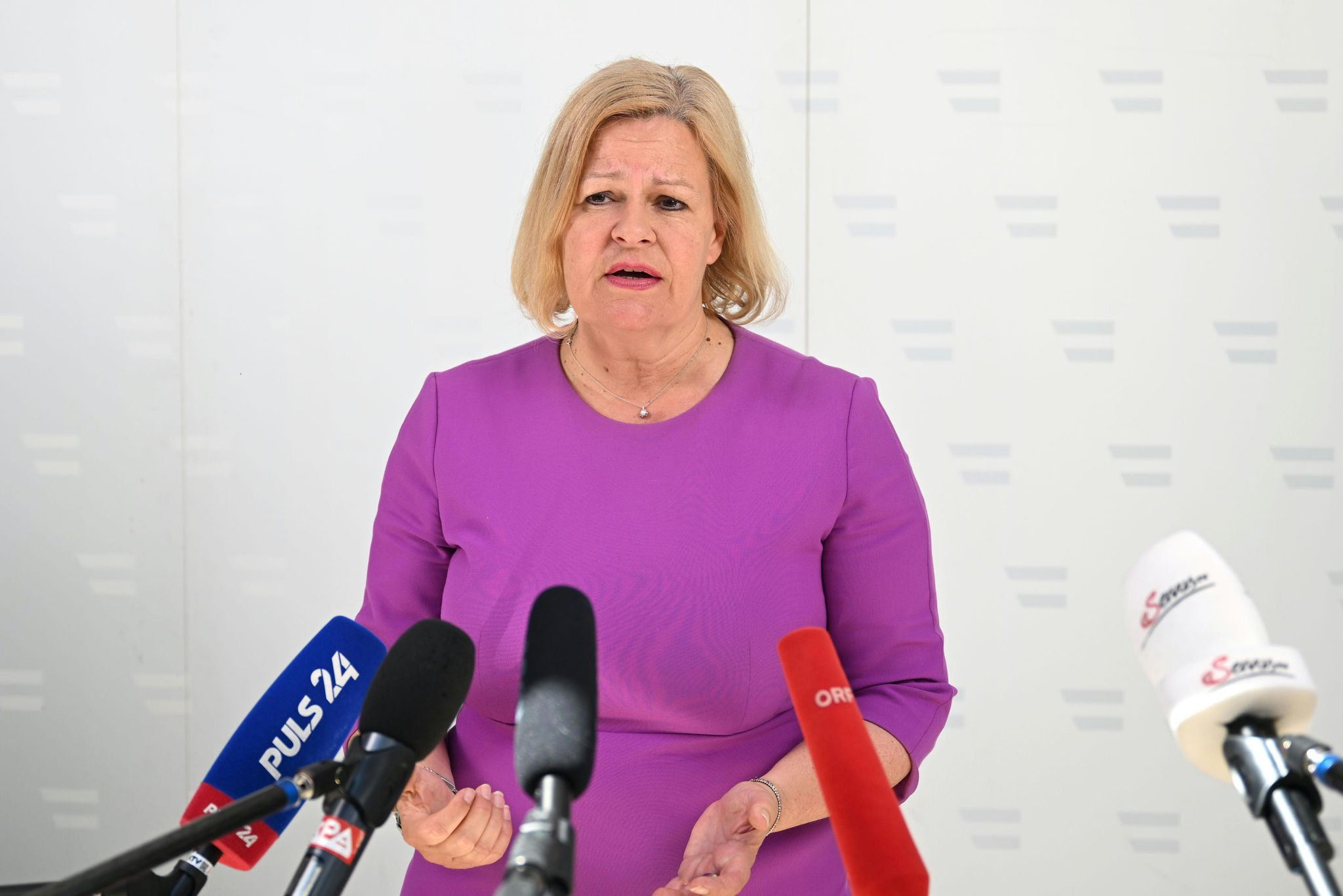 German Interior Minister Nancy Faeser speaks to the media at the working meeting of German-speaking Interior Ministers in Krems.