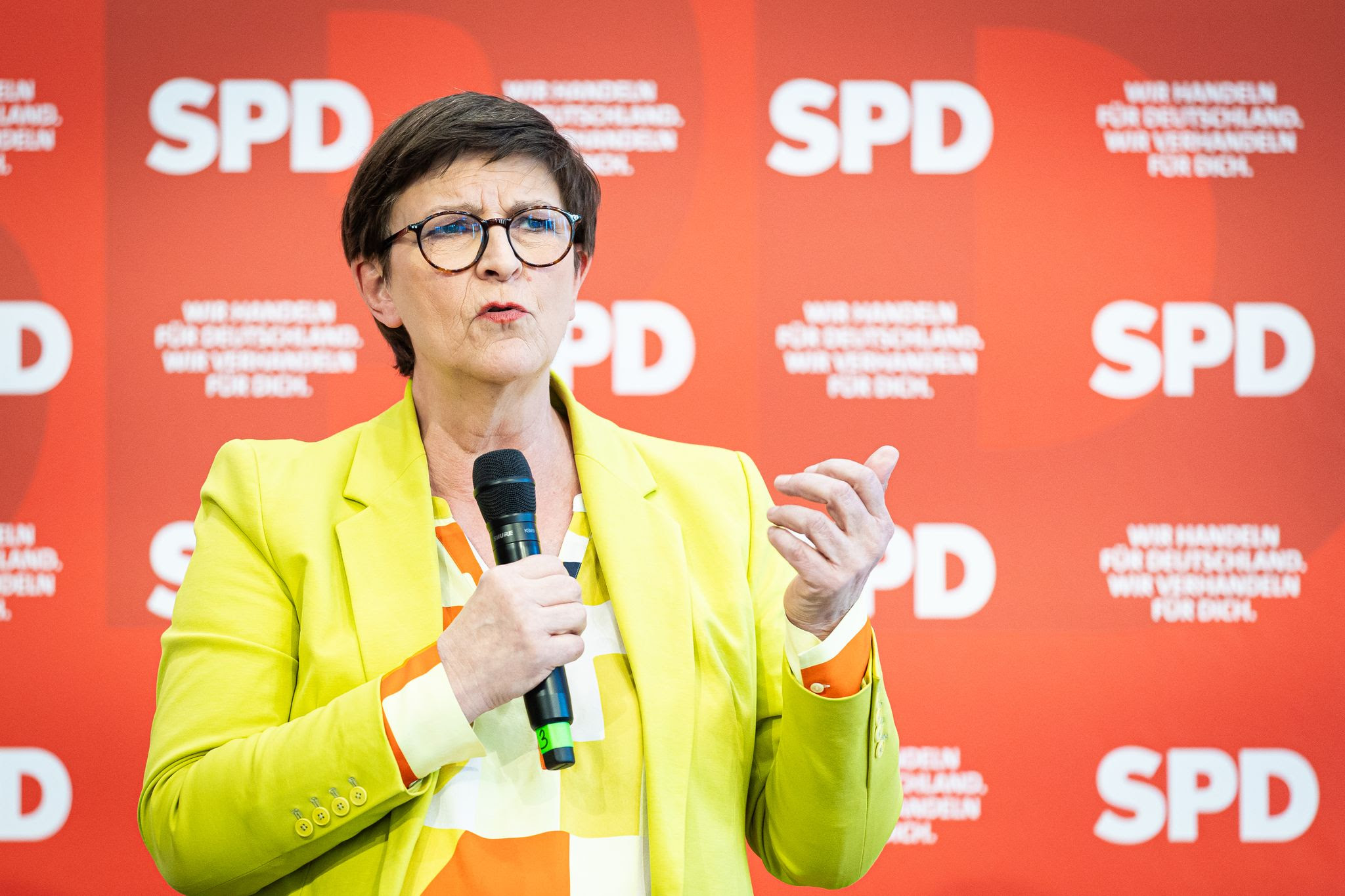 Social Democratic Party of Germany (SPD) Federal Chairwoman Saskia Esken answers questions from the audience at a dialogue conference at the start of the SPD membership vote.