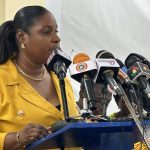 GJA Public Affairs Officer, Rebecca Ekpe facilitating a Press Conference at the Press Center in Accra.
