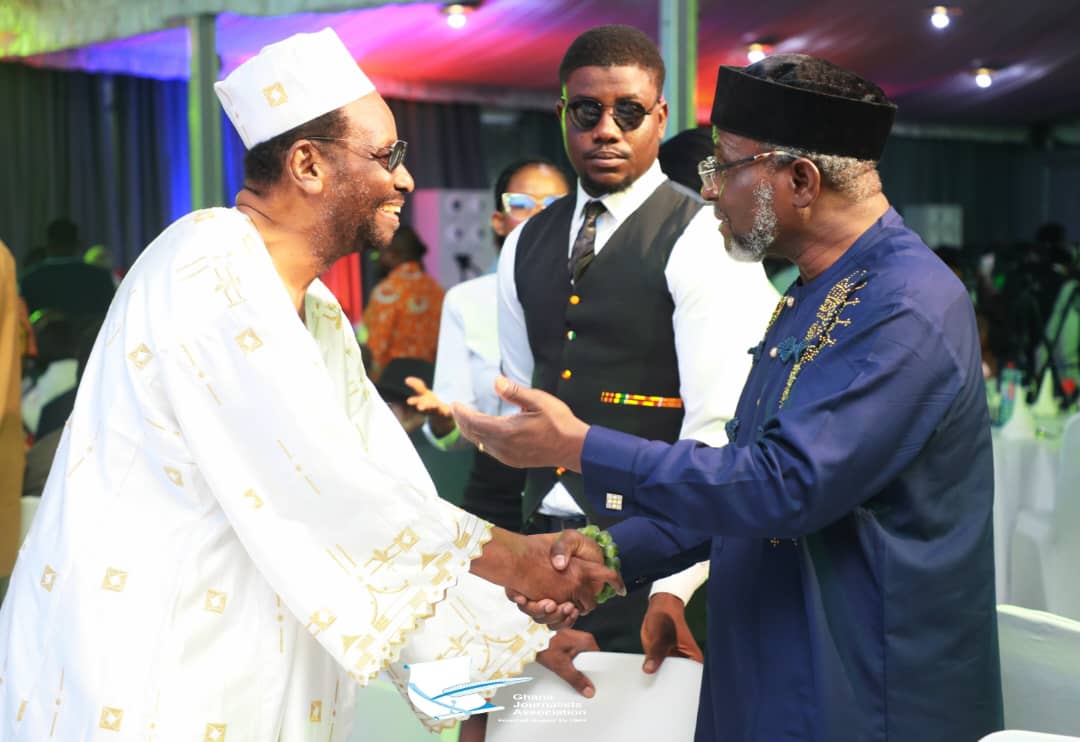 Ghanaian Veteran Journalist, Cameron Duodu (L) and Veteran Broadcaster, Chief Paul A. Crystal--Djirackor (R) unite at the GJA World Press Freedom and Honours night at Alisa Hotel in Accra.
