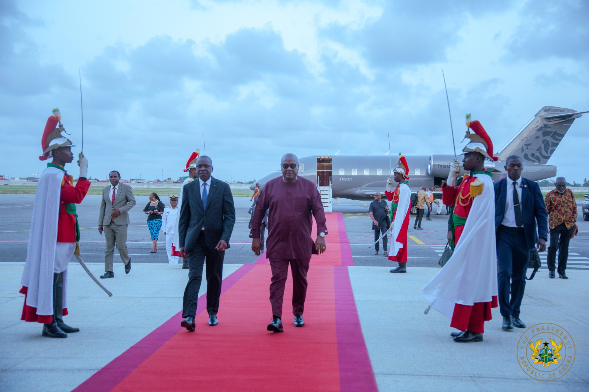 President John Mahama (Right) was received on arrival at the Felix Houphoet Boigny International Airport by Mr Kone Amadou, the Ivorian Minister of Transport. 