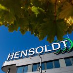 The logo of the Hensoldt armaments group can be seen at the company headquarters.