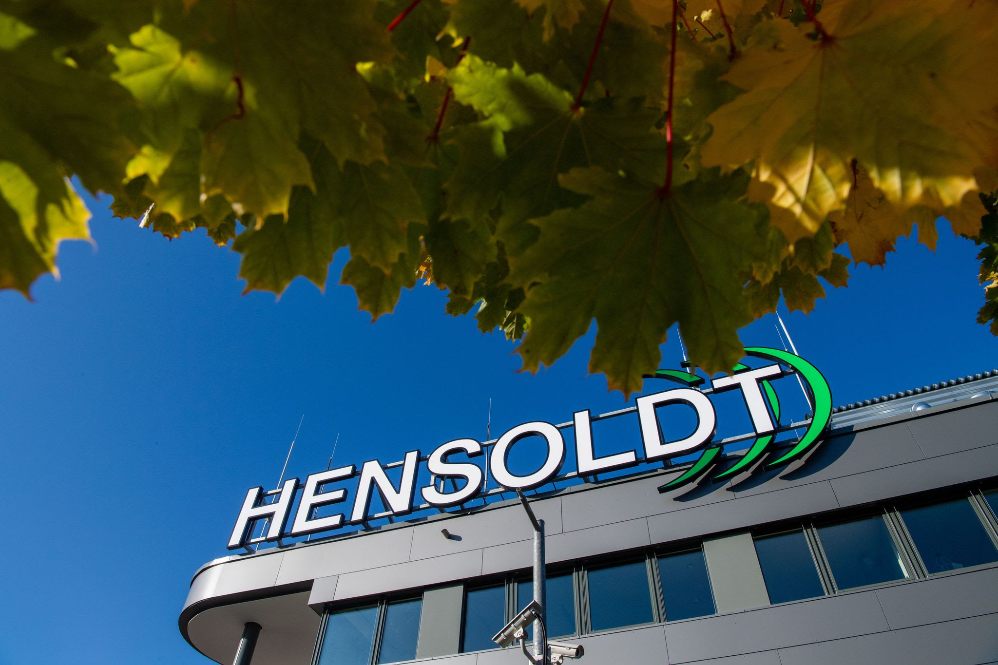 The logo of the Hensoldt armaments group can be seen at the company headquarters.