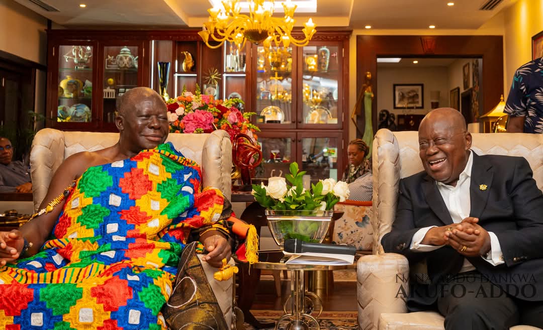 Otumfuo shares moment with Former President Akufo Addo at his Nima Residence in Accra.