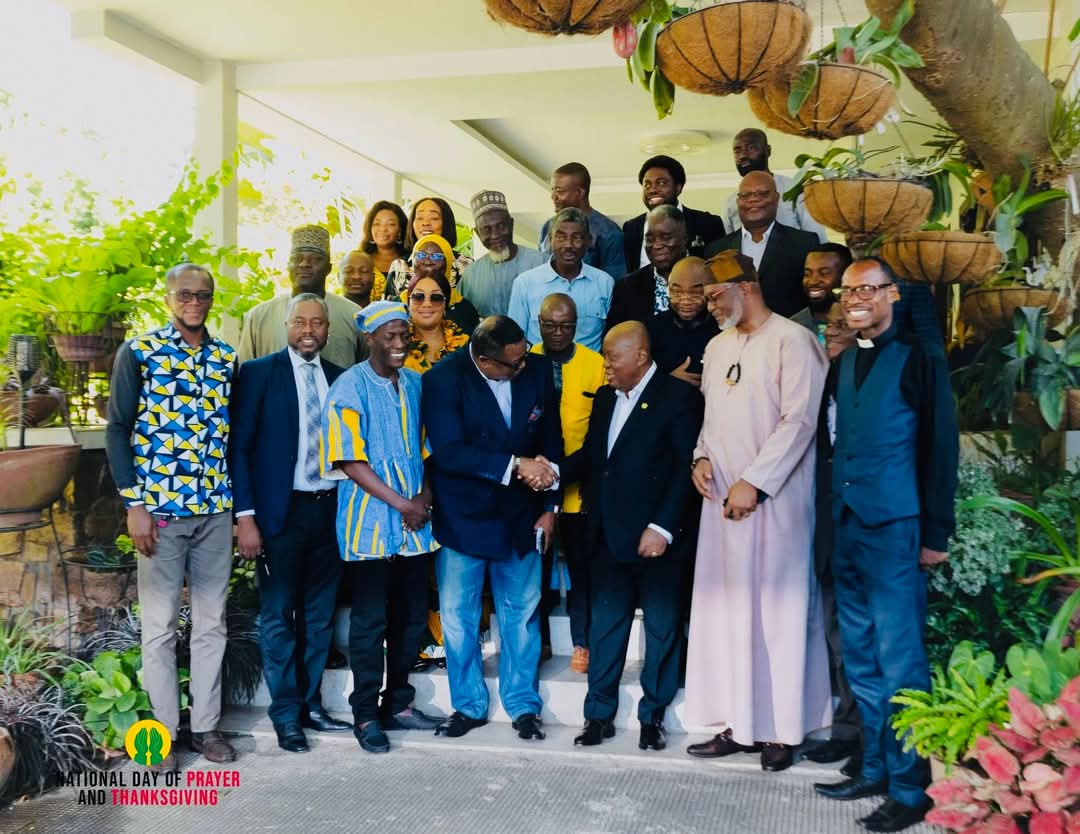 Former President Nana Akufo Addo supports July 1 for National Day of Prayer and Thanksgiving. (Nana Akufo Addo(R), in hand shake with Elvis Afriyie Ankrah(L), Lead for July 1 Event.