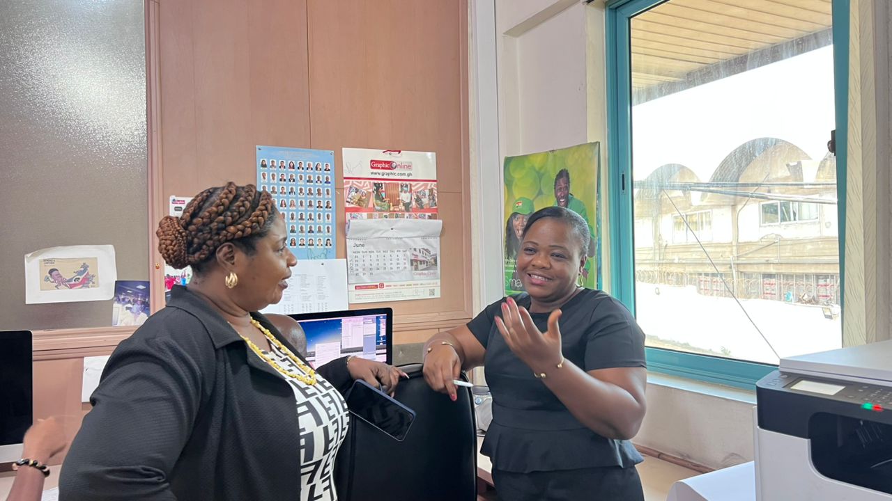 GJA Vice President Hopeful Rebecca Ekpe in discussions with Rebecca Duho of the Gender Desk at Graphic Communications Group Limited.