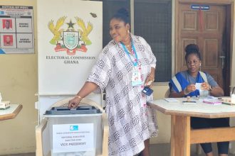 GJA Vice Presidential Candidate, Rebecca Ekpe casting her vote at the GBC Polling Center in Accra..