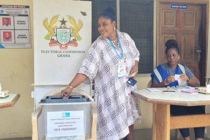 GJA Vice Presidential Candidate, Rebecca Ekpe casting her vote at the GBC Polling Center in Accra..