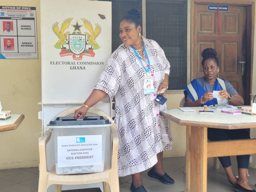 GJA Vice Presidential Candidate, Rebecca Ekpe casting her vote at the GBC Polling Center in Accra..