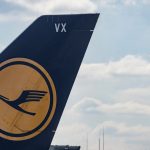 A view of the Lufthansa logo is seen on a plane in Frankfurt.
