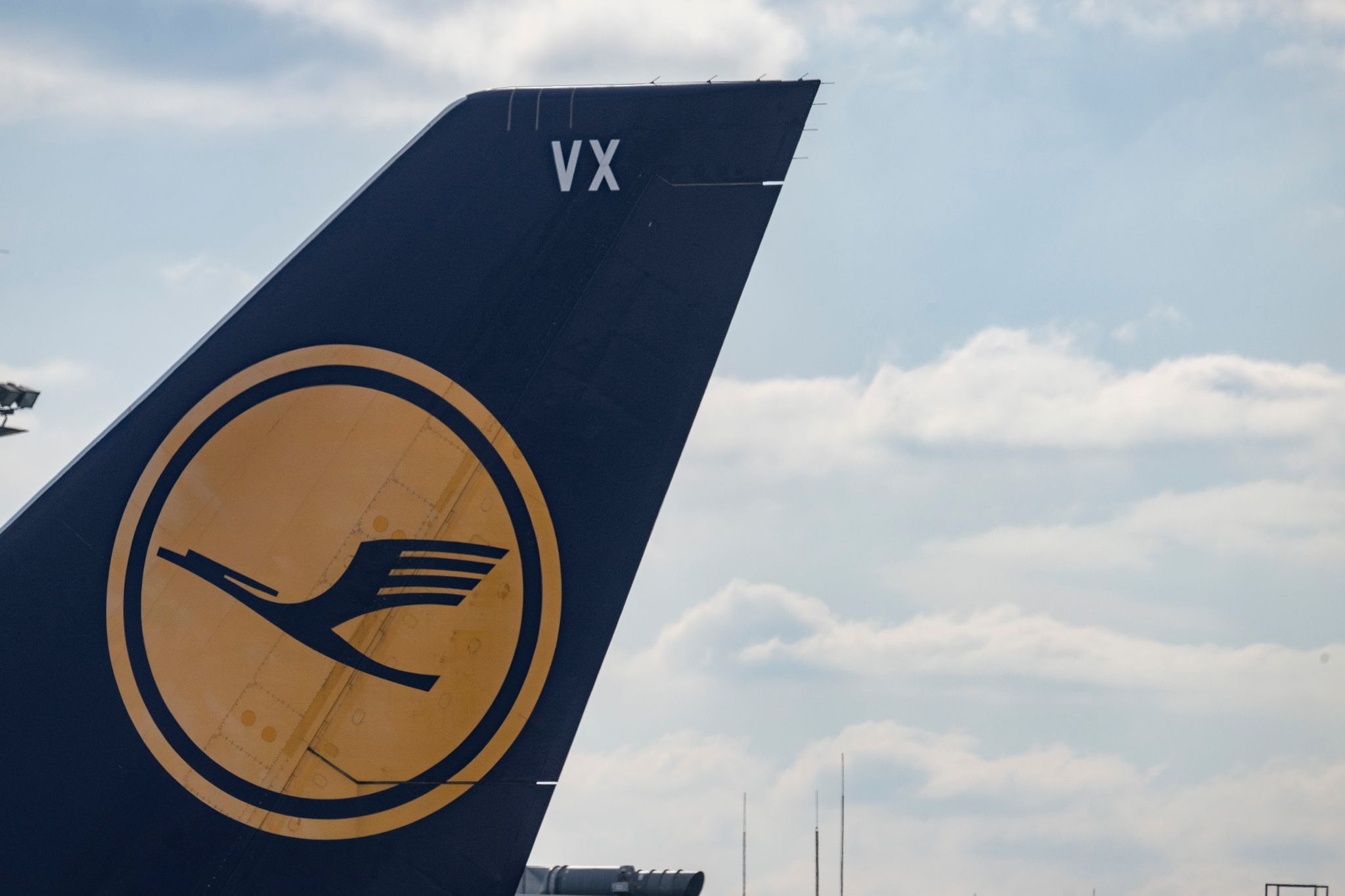 A view of the Lufthansa logo is seen on a plane in Frankfurt.