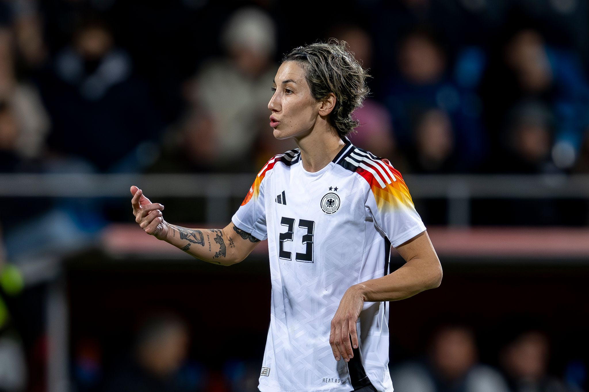 Germany's Sara Doorsoun gestures during the Women's International soccer match between Germany and Italy at Vonovia Rurhstadtion. Doorsoun has ended her national team career after not being nominated into the squad for next month's Euro 2025 tournament in Switzerland.