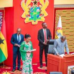 Speaker of Parliament, Alban Bagbin,(L) admonishes newly= sworn-in Member of Parliament, Ewurabena Aubynn.