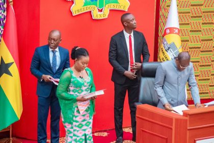 Speaker of Parliament, Alban Bagbin,(L) admonishes newly= sworn-in Member of Parliament, Ewurabena Aubynn.