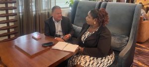 Djembe Consultants CEO, Michelle Prather in an interview with Ghanaian Journalist Rebecca Ekpe in Accra.