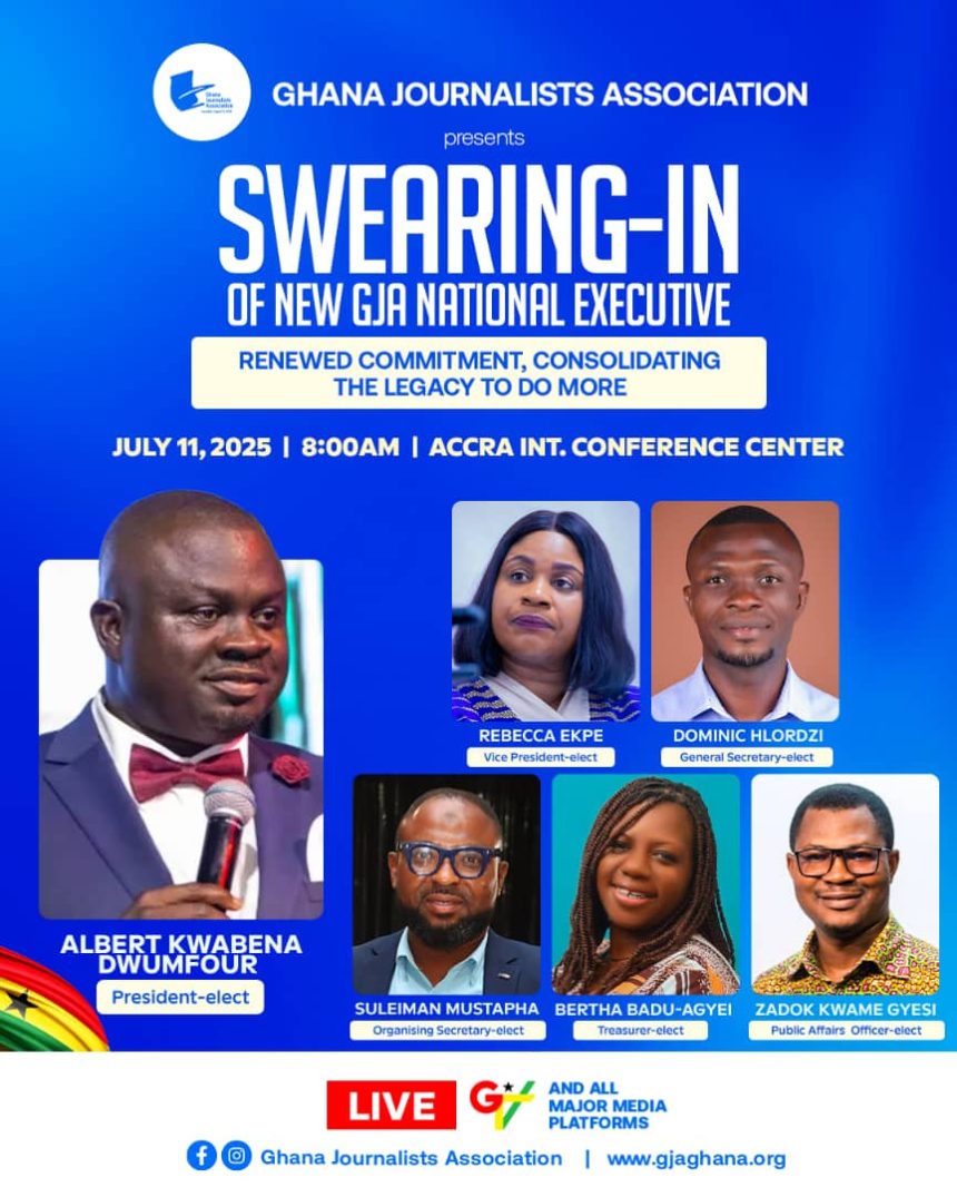 Albert Kwabena Dwumfour will be officially sworn in as President of the GJA. Other executives to be sworn in include Rebecca Ekpe as Vice President, Dominic Hlordzi as General Secretary, Suleiman Mustapha as Organising Secretary, Bertha Badu-Agyei as Treasurer, and Zadok Kwame Gyesi as Public Affairs Officer.