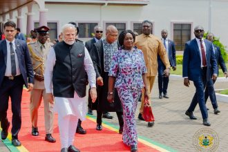 Vice President Professor Naana Jane Opoku-Agyemang seeing off Indian Prime Minister Narendra Modi at the Kotoka International Airport in Accra