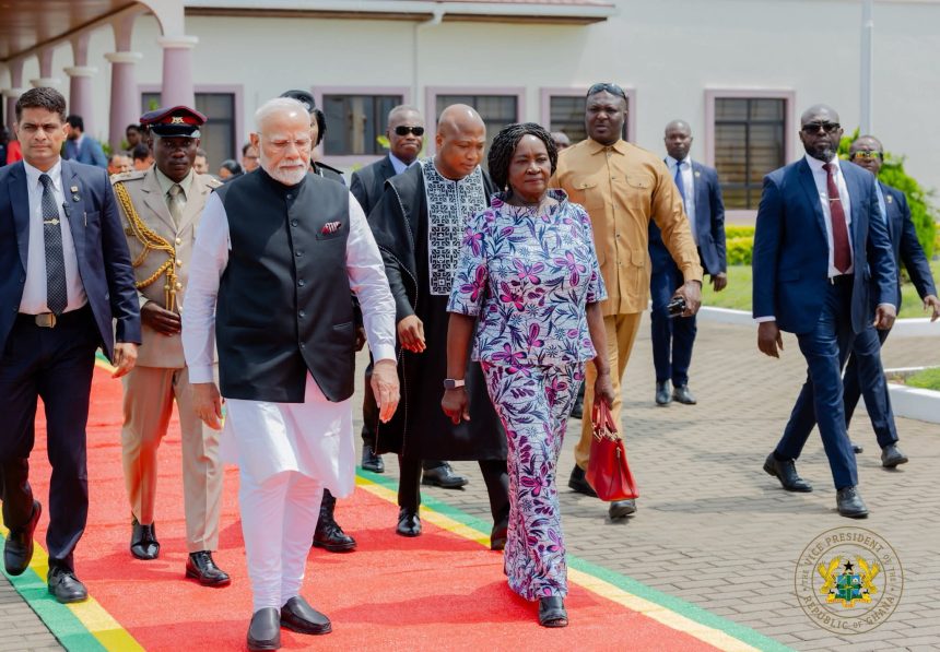 Vice President Professor Naana Jane Opoku-Agyemang seeing off Indian Prime Minister Narendra Modi at the Kotoka International Airport in Accra