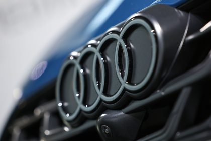The Audi logo can be seen on a car at the company headquarters in Bavaria.