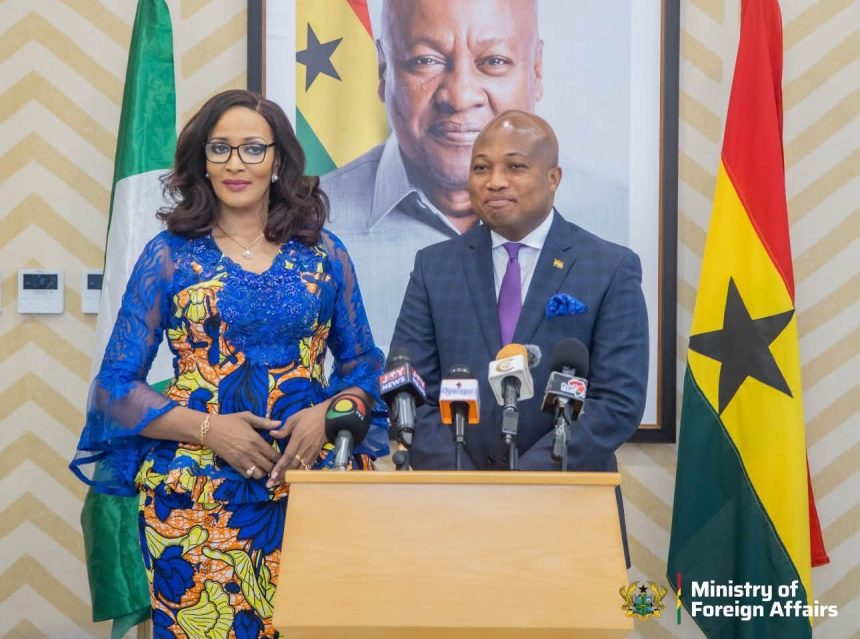 Minister for Foreign Affairs, Samuel Okudzeto Ablakwa(Right) with Minister of State for Foreign Affairs, Federal Republic of Nigeria, Ambassador Bianca Odumegwu-Okujwu.