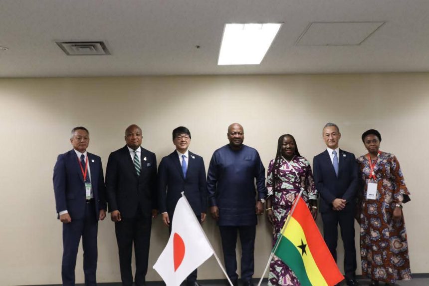 President John Mahama (middle) with Trade Minister, Ofosu Agyare(right) and Foreign Affairs Minister, Okudzeto Ablakwa(second left) with Japan Trade Officials in Tokyo.