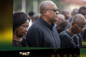 President Mahama in middle, Vice President, (L) and Chairman of the NDC, Johnson Asiedu Nketia at the memorial for helicopter victims.