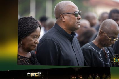 President Mahama in middle, Vice President, (L) and Chairman of the NDC, Johnson Asiedu Nketia at the memorial for helicopter victims.