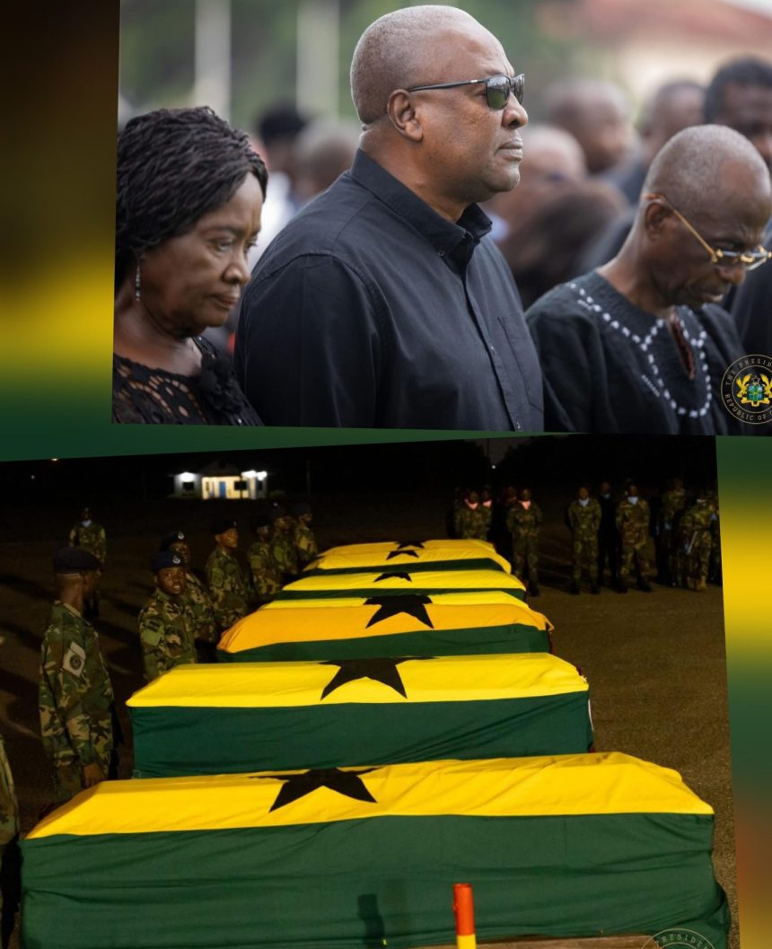 President Mahama in middle, Vice President, (L) and Chairman of the NDC, Johnson Asiedu Nketia at the memorial for helicopter victims.
