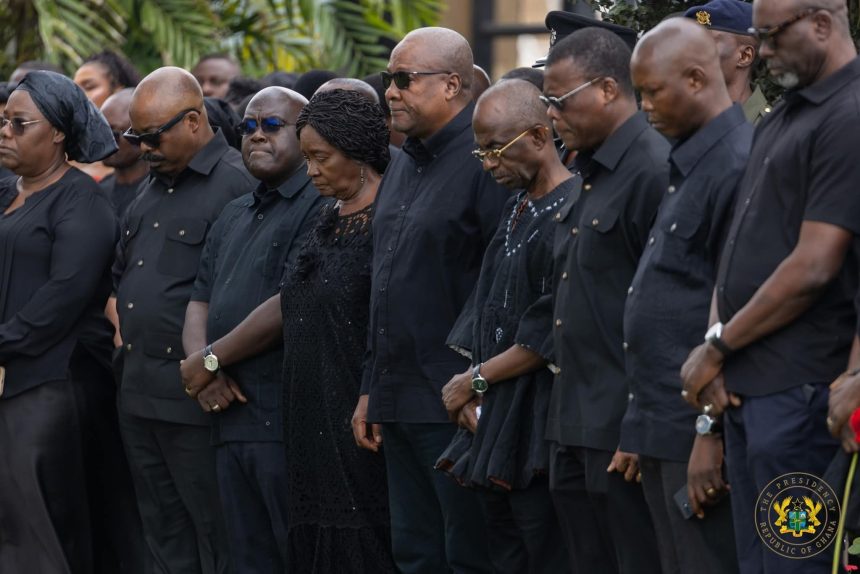 President John Mahama (middle) with Vice-President Prof. Naana Jane Opoku-Agyemang (4th from left), top government officials, and NDC national executives in a solemn mood during the flower-laying ceremony