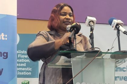 Rebecca Ekpe, GJA Vice President speaking at the launch of a reporting guide for media practitioners on Illicit Financial Flows Reporting.
