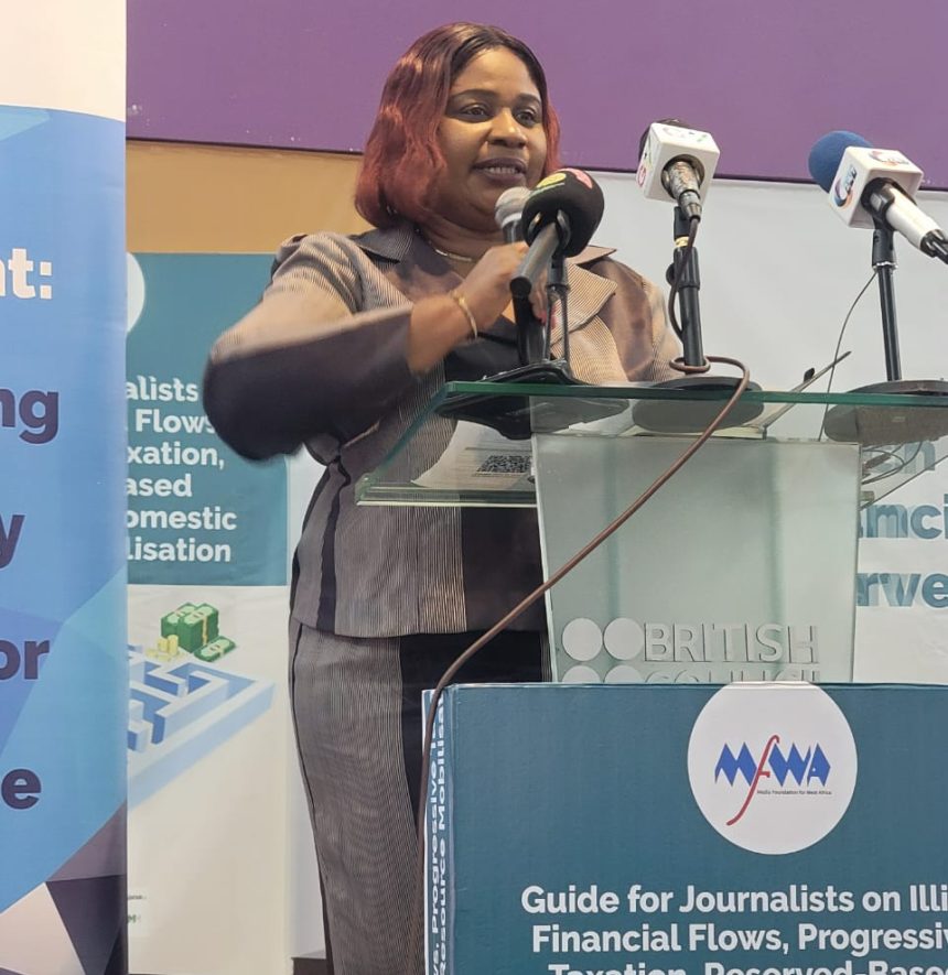 Rebecca Ekpe, GJA Vice President speaking at the launch of a reporting guide for media practitioners on Illicit Financial Flows Reporting.