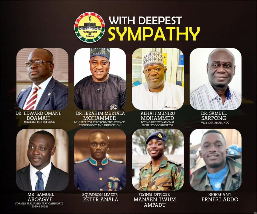 the Eight Ghanaians killed in the Helicopter crash on Wednesday August 6th are: Dr. Edward Omane Boamah, Ghana’s Minister of Defence, Ibrahim Murtala Mohammed, Minister for Environment, Science, Technology and Innovation, Dr. Samuel Sarpong, a former Ashanti Regional Minister and Vice Chairman of the National Democratic Congress (NDC); Samuel Aboagye, a former parliamentary candidate; and Alhaji Muniru Mohammed, a former Agriculture Minister and deputy national security coordinator. Also killed were the three Air Force crew members: Squadron Leader Peter Anala, Flying Officer Twum-Ampadu, and Sergeant Ernest Addo Mensah.