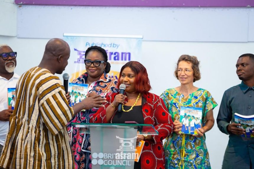 Author of SUSPECTS IN THE SCHOOL; SECRETS AND SURPRISING SOLUTIONS, (Second from right), Rebecca Ekpe, Vice President, Ghana Journalists Association (with mic), next is Executive Director, AFRAM Publications at the book launch, British Council Hall in Accra.