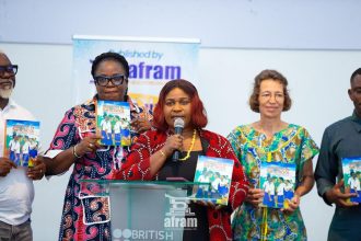 Rebecca Ekpe (middle, launching the book) flanked by Author Margaretha Ubels (Right) and Madam Harriet Tagoe (left, in glasses), Executive Director, Afram Publications.