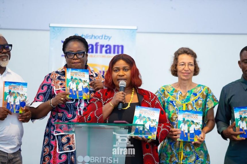 Rebecca Ekpe (middle, launching the book) flanked by Author Margaretha Ubels (Right) and Madam Harriet Tagoe (left, in glasses), Executive Director, Afram Publications.