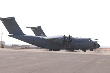 German military aircrafts at King Abdullah II airbase, are loaded with humanitarian aid to be airdropped over Gaza