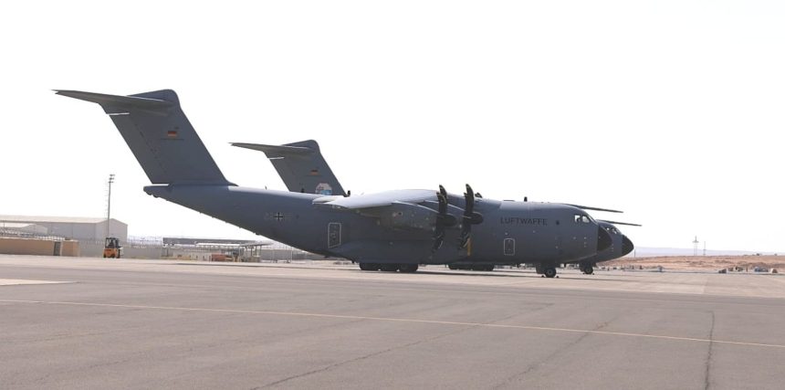 German military aircrafts at King Abdullah II airbase, are loaded with humanitarian aid to be airdropped over Gaza